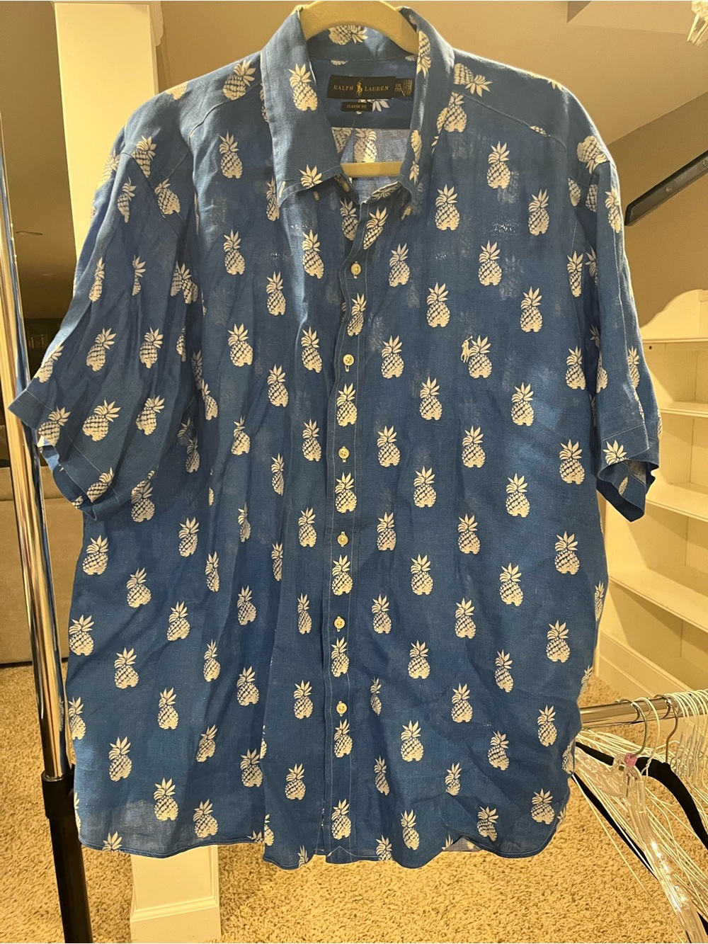 Ralph Lauren Blue Short-Sleeve Pineapple Print Button-Down Shirt